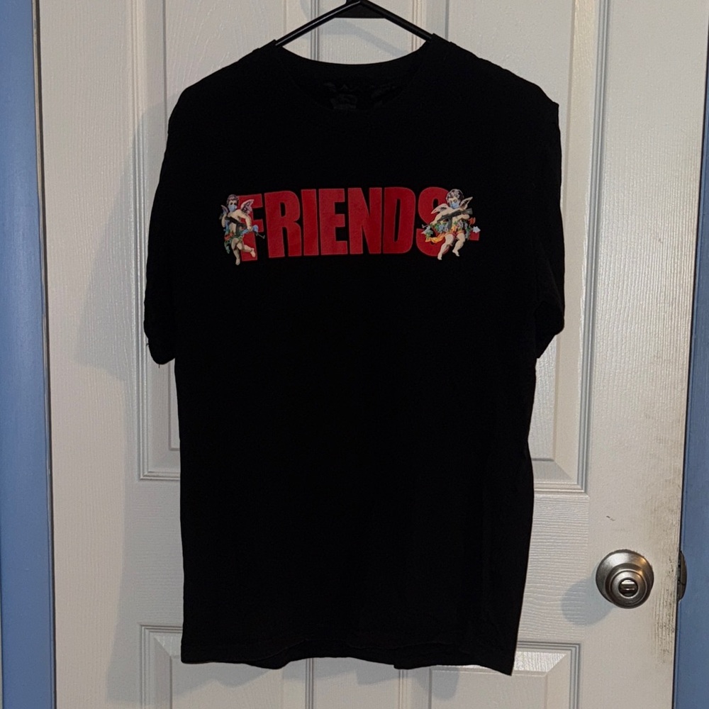 VLONE Black Graphic T-Shirt with Red 'Friends' Print